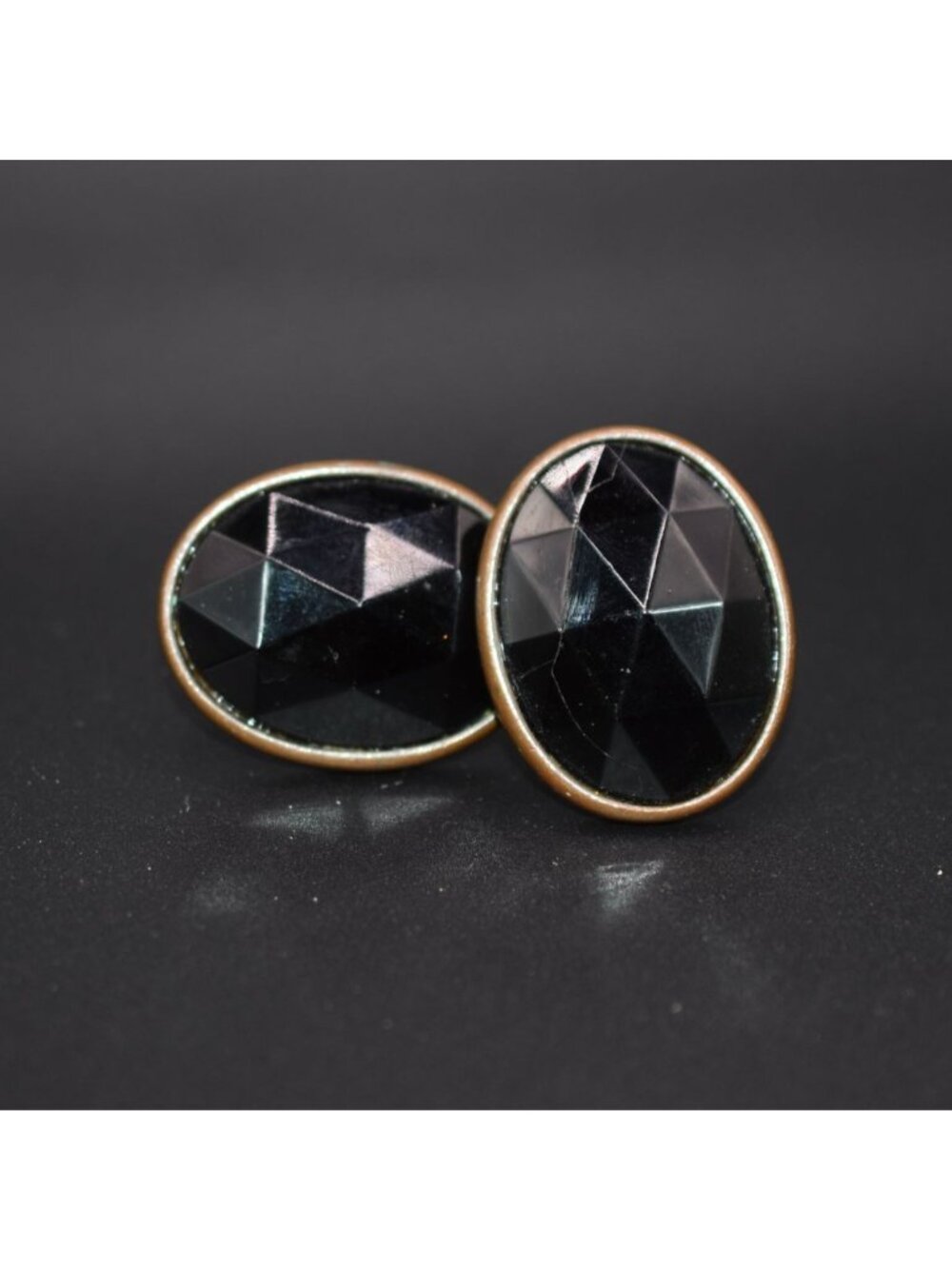 Vintage Black Glass & Bronze Oval Clip-On Earrings With Art Deco Design